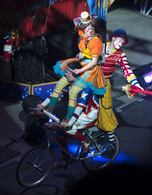 Steve Griffin  |  The Salt Lake Tribune

Clowns perform on bicycles during opening night of the Ringling Bros. Barnum & Bailey Circus in Salt Lake City, Wednesday, September 24, 2014.