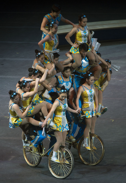 Steve Griffin  |  The Salt Lake Tribune

Acrobats ride bicycles during opening night of the Ringling Bros. Barnum & Bailey Circus in Salt Lake City, Wednesday, September 24, 2014.