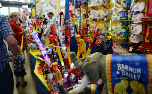 Steve Griffin  |  The Salt Lake Tribune

Souvenirs on sale during opening night of the Ringling Bros. Barnum & Bailey Circus at EnergySolutions Arena in Salt Lake City, Wednesday, September 24, 2014.