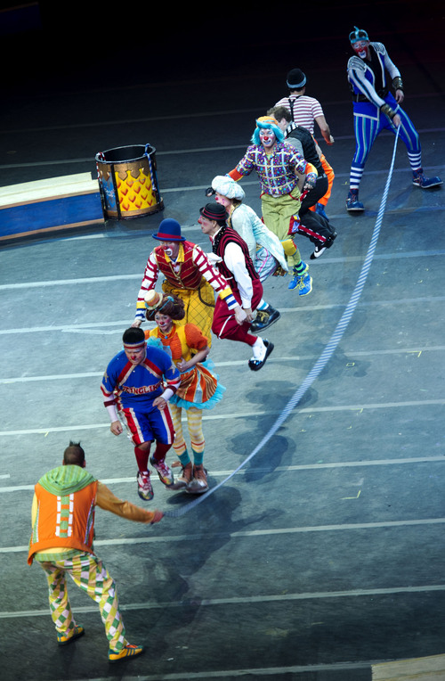 Steve Griffin  |  The Salt Lake Tribune


Clowns jump rope together during opening night of the Ringling Bros. Barnum & Bailey Circus at EnergySolutions Arena in Salt Lake City, Wednesday, September 24, 2014.