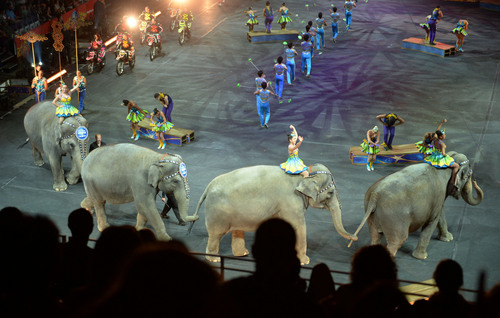 Steve Griffin  |  The Salt Lake Tribune

Performers parade around the arena during opening night of the Ringling Bros. Barnum & Bailey Circus in Salt Lake City, Wednesday, September 24, 2014.