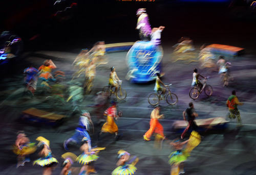 Steve Griffin  |  The Salt Lake Tribune

Performers parade around the arena during opening night of the Ringling Bros. Barnum & Bailey Circus in Salt Lake City, Wednesday, September 24, 2014.