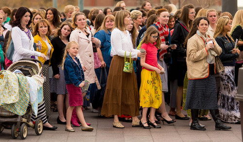 Trent Nelson  |  The Salt Lake Tribune
Women walk to the Conference Center for the LDS General Women's Meeting in Salt Lake City, Saturday March 29, 2014. For the first time ever for Young Women and Relief Society and Primary will meet altogether, with every LDS female 8 and up invited.