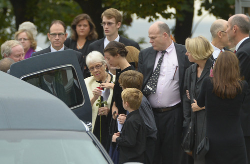 Leah Hogsten  |  The Salt Lake Tribune
Grethe Peterson, her children Erika, Stuart, and Edward, spouses, grandchildren, extended family and friends follow the casket of Dr. Chase Nebeker Peterson, physician, educator and University of Utah's 14th president, during funeral services on Saturday.
