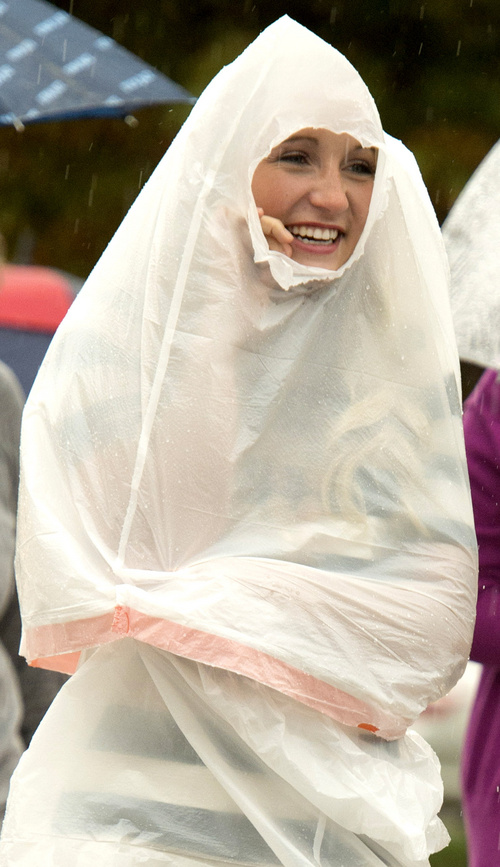 Rick Egan  |  The Salt Lake Tribune

Julie  Harris, Green River, Wyoming wears garbage bags to stay dry, as she walks to the LDS Women's Conference, Saturday, September 27, 2014.