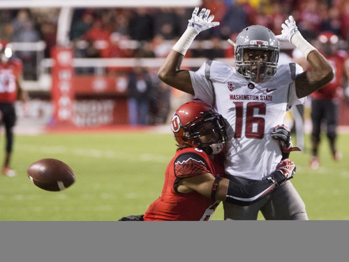 Rick Egan  |  The Salt Lake Tribune

Utah Utes wide receiver Dres Anderson (6) collides with Washington State Cougars cornerback Charleston White (16), pass interference on the defense was called on the play,  in Pac-12 football action, Utah vs. Washington State, at RIce-Eccles Stadium, September 27, 2014