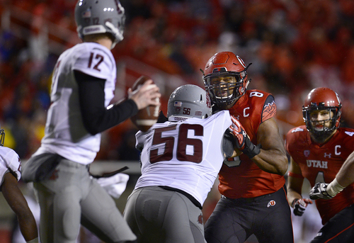 Scott Sommerdorf   |  The Salt Lake Tribune
Utah DE Nate Orchard could not get past the Washington State offensive line on this play that went for an 81 yard completion for a TD to give Wash. State the lead at 28-27. Utah lost 28-27 to Washington State, Saturday, September 27, 2014.
