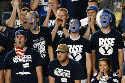 Steve Griffin  |  The Salt Lake Tribune


Cougar fans cheer their team on in the second half of  game between BYU and Houston and LaVell Edwards Stadium in Provo, Thursday, September 11, 2014.