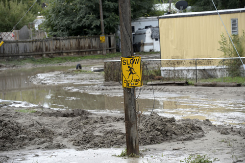 Al Hartmann  |  The Salt Lake Tribune
On Monday Sept. 29, 2014, parts of the Pilling Trailer Park in Carbonville near Price are mostly empty with many trailers unlivable from the flooding caused by the Price River overflowing its banks Saturday night.
