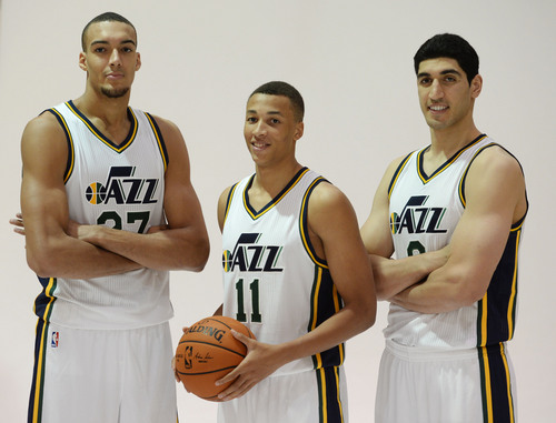 Steve Griffin  |  The Salt Lake Tribune


 Rudy Gobert, Dante Exum and Enes Kanter stand for photographs during Jazz Media Day at the Zions Bank Basketball Center in Salt Lake City, Monday, September 29, 2014.