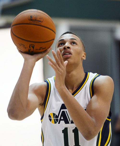 Steve Griffin  |  The Salt Lake Tribune


Jazz rookie Dante Exum shoots the ball during Jazz Media Day at the Zions Bank Basketball Center in Salt Lake City, Monday, September 29, 2014.