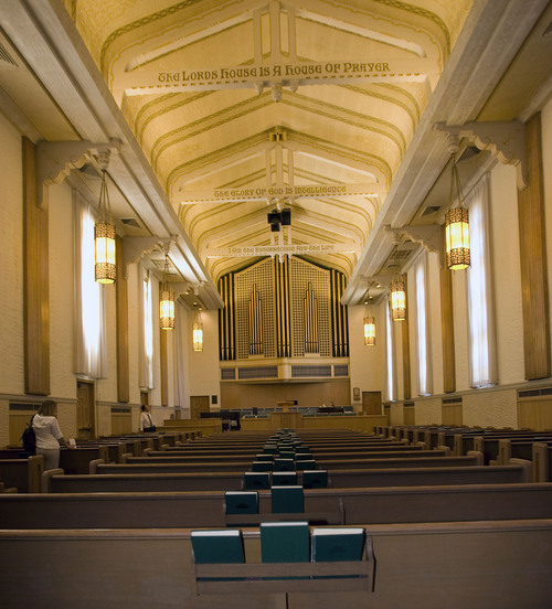 Al Hartmann  |  Tribune file photo
The University Ward at 160 S. University St. in Salt Lake City built in 1924 shows an art deco style. It also has a large tile mural of the Sermon on the Mount outside.  It is a long narow chapel modeled after Protestant churches with biblical and LDS scriptures painted on the ceiling beams.