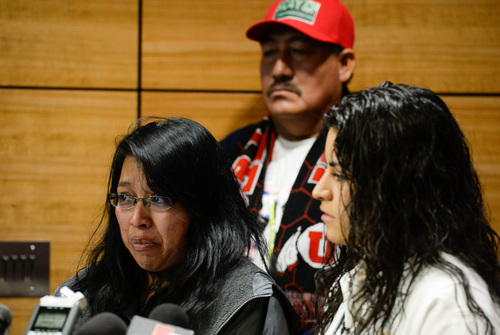 Francisco Kjolseth  |  The Salt Lake Tribune
Monica Gonzalez, mother of 18-year-old homicide victim Gustavo Jarquin, make a public plea for information in her sonís case with the help of interpreter Amy Novoa, during a press conference at the Salt Lake City Public Safety Building on Wed. 1, 2014. On Sept. 18, the body of Gustavo Jarquin, 18, was found by a pedestrian who was walking to the Acapulco market, near Indiana Avenue (900 South) and Pueblo Street (140 West) about 7:30 a.m. Medical examiners concluded he died of a gunshot wound in what appeared to be a homicide.