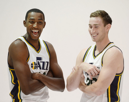 Steve Griffin  |  The Salt Lake Tribune


Jeremy Evans and Gordon Hayward laugh as they try and settle down to get their picture taken during Jazz Media Day at the Zions Bank Basketball Center in Salt Lake City, Monday, September 29, 2014.