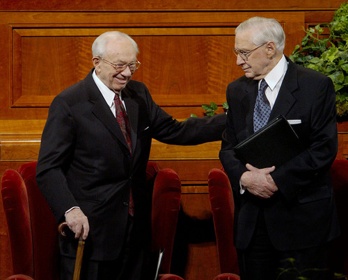 Trent Nelson  |  Tribune file photo
LDS Church President Gordon B. Hinckley, left, and James E. Faust visit during the church's General Conference in April 2004.