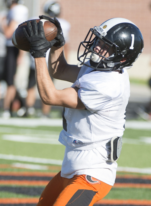 Rick Egan  |  The Salt Lake Tribune

Wide receiver Mitch Rasumssen grabs a pass during practice with the Murray High football team, Wednesday, September 24, 2014