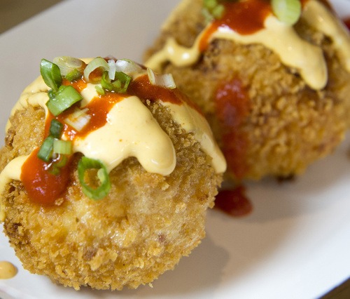 Rick Egan  |  The Salt Lake Tribune
Deep Fried Kimchee Fried Rice Balls, at Bumblebee's  BBQ & Grill in Midvale.