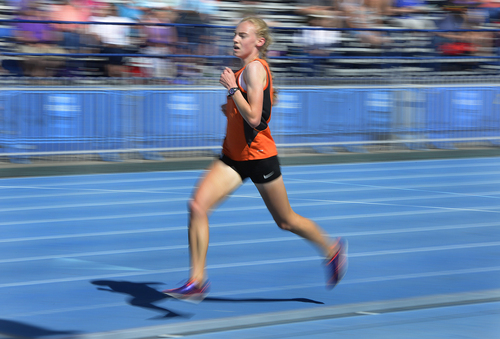 Scott Sommerdorf   |  The Salt Lake Tribune
Sarah Feeny of Ogden sets a state record in winning the 4A Girl's 3200 meters with a time of 10:13.86, beating the two year old record by 8 seconds, Saturday, May 17, 2014.