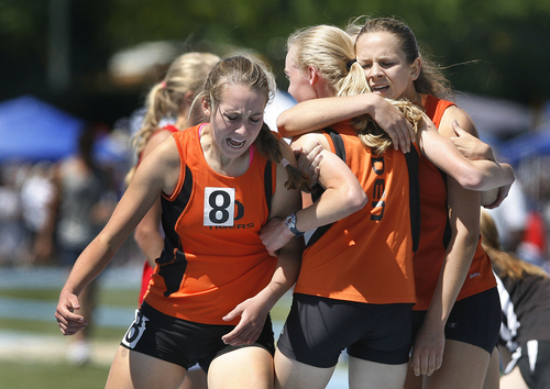 Scott Sommerdorf  |  The Salt Lake Tribune             
Ogden girls finished 1-2-3 in the Girl's 3A 400 meters at the State High School Track and Field Championships at BYU, Saturday, May 19, 2012. Avery Calton won (2:16.18), Sarah Feeny was 2nd, (2:16.24), and Jamie Stokes was third, (2:17.29).