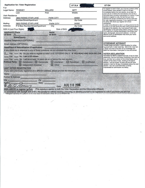 A voter registration form, signed by Mitt Romney in August,
shows him registering to vote at his former home and does not include
a party affiliation. State election officials say there was a clerical
error that led to the form being pre-filled with outdated information.
The form was obtained through a government records request by The Salt Lake Tribune