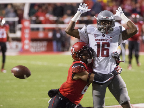 Rick Egan  |  The Salt Lake Tribune

Utah Utes wide receiver Dres Anderson (6) collides with Washington State Cougars cornerback Charleston White (16), pass interference on the defense was called on the play,  in Pac-12 football action, Utah vs. Washington State, at RIce-Eccles Stadium, September 27, 2014