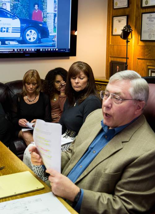 Trent Nelson  |  The Salt Lake Tribune
Attorney Robert Sykes, right, and Darrien Hunt's mother Susan Hunt, center, speak at a press conference in Salt Lake City, Friday October 17, 2014. An autopsy report released Friday says Darrien Hunt was shot several times in the back by Saratoga Springs police officers chasing him. At rear is Cindy Moss (Darrien's aunt) and Aliya Hunt (Darrien's sister).