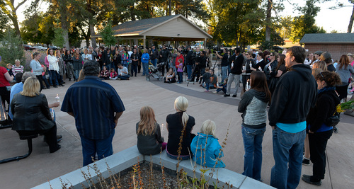 Francisco Kjolseth  |  The Salt Lake Tribune
A vigil is held for the Strack family at Pioneer Park in Provo after the family of five who were mysteriously found dead in their Springville home last Saturday. A Springville Police news release identified them Sunday as Benjamin Strack, 37, his wife, Kristi Strack, 36, two of their sons -- Benson Strack, 14, and Zion Strack, 11 -- and their daughter Emery Strack, 12. Preliminary autopsies ruled out any sort of violent assault, according to the release.
