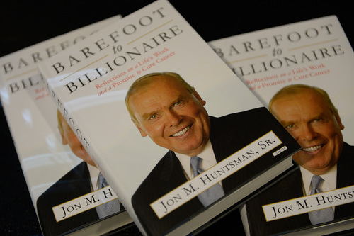 Francisco Kjolseth  |  The Salt Lake Tribune
Jon Huntsman Sr. and Mary Beckerle, CEO of Huntsman Cancer Institute, held a press conference to announce the release of Huntsman's autobiography, "Barefoot to Billionaire," which was followed by a book signing at Deseret Book in downtown Salt Lake City on Friday, Oct. 3. 2014.