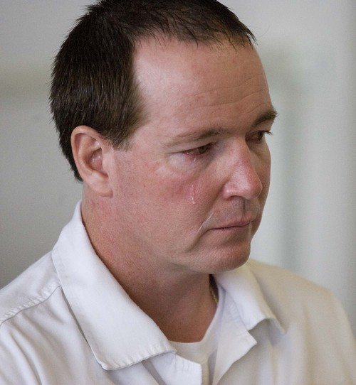 At Thomas Noffsinger's parole hearing, as he  listens to the testimony of  Julia Aguliar, the widow of Victor Aguilar, who Noffsinger murdered in 1989, a tear runs down his  cheek. on  Tuesday, March 2,2010  photo:Paul Fraughton/ The Salt Lake Tribune