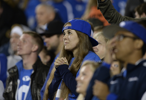 Scott Sommerdorf  |  The Salt Lake Tribune
A hopeful BYU fan watch the end of the loss to USU. Utah State defeated BYU 35-20 in Provo, Friday, October 1, 2014.