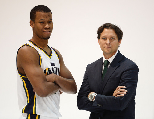Steve Griffin  |  The Salt Lake Tribune


Utah Jazz head coach Quin Snyder, right, with rookie Rodney Hood stand for photographs during Jazz Media Day at the Zions Bank Basketball Center in Salt Lake City, Monday, September 29, 2014.