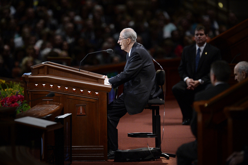 Scott Sommerdorf  |  The Salt Lake Tribune
Elder Robert D. Hales sits as he delivers his speech "Eternal Life" at the 184th Semiannual General Conference of The Church of Jesus Christ of Latter-day Saints, Sunday, October 5, 2014.