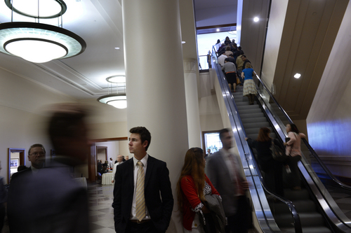 Scott Sommerdorf  |  The Salt Lake Tribune
People arrive for the afternoon session of the 184th Semiannual General Conference of The Church of Jesus Christ of Latter-day Saints, Sunday, October 5, 2014.