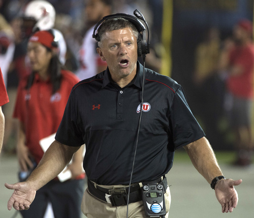 Rick Egan  |  The Salt Lake Tribune

Utah Utes head coach Kyle Whittingham tries to get his team motivated as the Bruins score late in the game. The Utes beat UCLA 30-28 in Pac-12 action at the Rose Bowl, Saturday, October 4, 2014