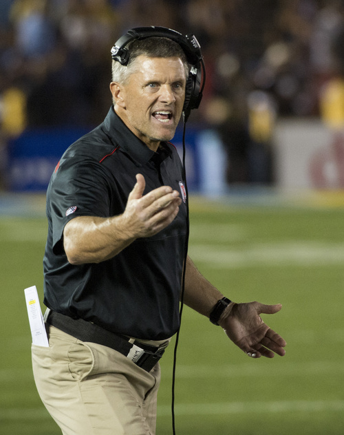Rick Egan  |  The Salt Lake Tribune

Utah Utes head coach Kyle Whittingham pleads with the officials after they rule that a roughing-the-kicker penalty will give UCLA a second chance to win the game, with no time remaining, at the Rose Bowl in Pasadena, Saturday, October 4, 2014