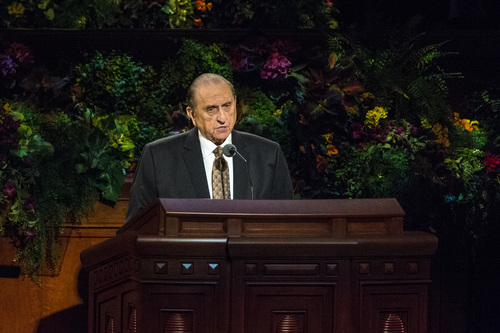 Chris Detrick  |  The Salt Lake Tribune
LDS President Thomas S. Monson speaks during the morning session of the 184th Semiannual General Conference of The Church of Jesus Christ of Latter-day Saints at the Conference Center in Salt Lake City Saturday October 4, 2014.