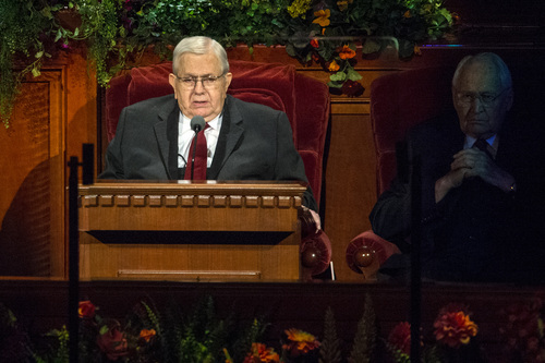 Chris Detrick  |  The Salt Lake Tribune
Boyd K. Packer, President of the Quorum of the Twelve Apostles, speaks during the morning session of the 184th Semiannual General Conference of The Church of Jesus Christ of Latter-day Saints at the Conference Center in Salt Lake City Saturday October 4, 2014.