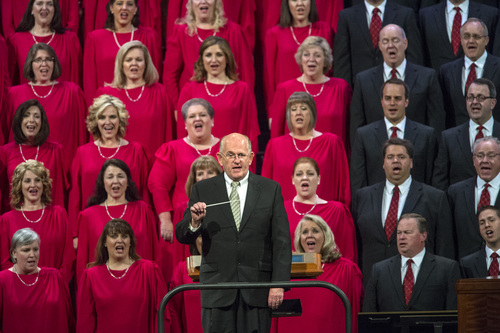 Chris Detrick  |  The Salt Lake Tribune
Mack Wilberg conducts members of the Mormon Tabernacle Choir and the congregation as they perform during the morning session of the 184th Semiannual General Conference of The Church of Jesus Christ of Latter-day Saints at the Conference Center in Salt Lake City Saturday October 4, 2014.