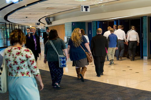 Trent Nelson  |  The Salt Lake Tribune
Women enter BYU's Marriott Center for a broadcast of the LDS general priesthood session in Provo Saturday October 4, 2014. The event was one of several planned by Ordain Women.