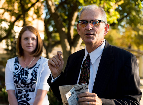 Trent Nelson  |  The Salt Lake Tribune
Jim Kelly, father of Ordain Women leader Kate Kelly, speaks to a group of women before they entered a broadcast of the LDS general priesthood session at BYU's Marriott Center in Provo Saturday October 4, 2014. The event was one of several planned by Ordain Women.