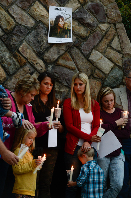 Francisco Kjolseth  |  The Salt Lake Tribune
Friends, family and those expressing concern gather for a candlelight vigil at Murray Park for Kayelyn Louder, 30, who has been missing since Sept. 27. Surveillance footage at her Murray condo shows her leaving barefoot, in just a tanktop and shorts, into a cold, rainy evening. Murray police are investigating her disappearance, while friends and family spread fliers and awareness.