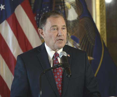 Al Hartmann  |  The Salt Lake Tribune
Utah Governor Gary Herbert speaks at a press conference at the state Capitol Monday October 6, 2014, regarding the U.S. Supreme Court's decision not to hear the state's argument in its defense of marriage law, which now opens the door for same-sex marriage in the state of Utah.