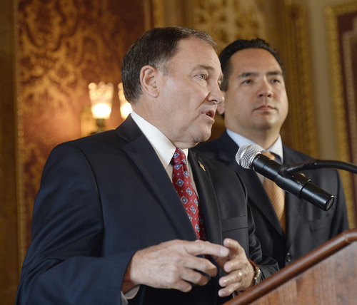 Al Hartmann  |  The Salt Lake Tribune
Utah Governor Gary Herbert, left, and Utah Attorney General Sean Reyes speak at a press conference at the state Capitol Monday October 6, 2014, regarding the U.S. Supreme Court's decision not to hear the state's argument in its defense of marriage law, which now opens the door for same-sex marriage in the state of Utah.