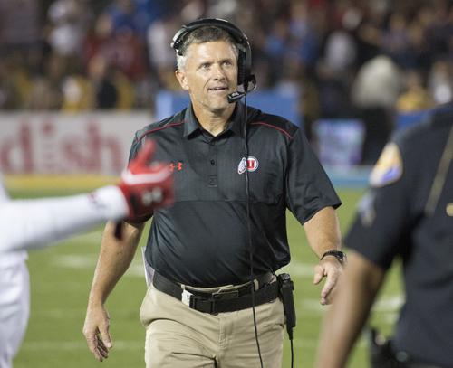 Rick Egan  |  The Salt Lake Tribune

Utah Utes head coach Kyle Whittingham looks at the clock after the officials ruled that a roughing-the-kicker penalty will give UCLA a second chance to win the game, with no time remaining, at the Rose Bowl in Pasadena, Saturday, October 4, 2014
