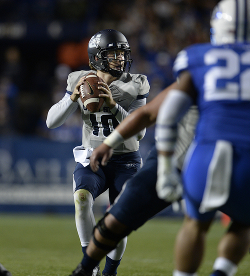 Scott Sommerdorf  |  The Salt Lake Tribune
Utah State Aggies quarterback Darell Garretson (10) drops back to pass during first half play. Utah State led BYU 28-14 at the half in Provo, Friday, October 1, 2014.