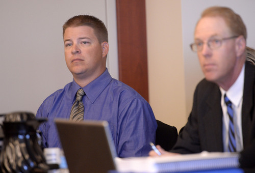 Al Hartmann  |  The Salt Lake Tribune
Former West Valley City police officer Shaun Cowley appears for his three-day preliminary hearing in Judge L.A. Dever's courtroom in Salt Lake City Monday October 6, 2014.  Cowley is charged with second-degree felony manslaughter in the Nov. 2, 2012, fatal shooting of 21-year-old Danielle Willard.  His defense lawyer Paul Cassell, right.