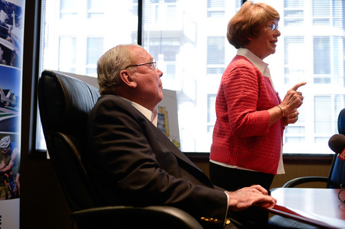 Francisco Kjolseth  |  The Salt Lake Tribune
Jon Huntsman Sr. listens as his wife Karen speaks about his generous spirit  during a press conference to announce the release of Huntsman's autobiography, "Barefoot to Billionaire," in Salt Lake City on Friday, Oct. 3. 2014.