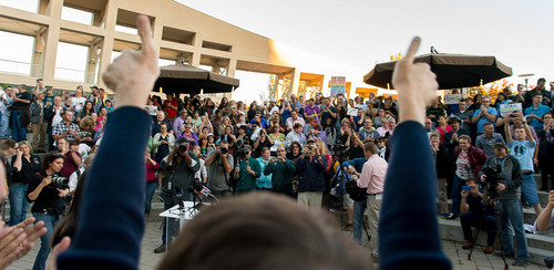 Trent Nelson  |  The Salt Lake Tribune
Kitchen v. Herbert plaintiff Kody Partridge gives two thumbs up during a rally to celebrate today's legalization of same-sex marriage, Monday October 6, 2014 in Salt Lake City.