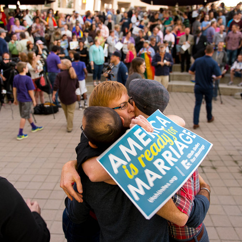 Trent Nelson  |  The Salt Lake Tribune
Debbie Johnson embraces Kitchen v. Herbert plaintiffs Derek Kitchen and Moudi Sbeity at a rally to celebrate today's legalization of same-sex marriage, Monday October 6, 2014 in Salt Lake City.