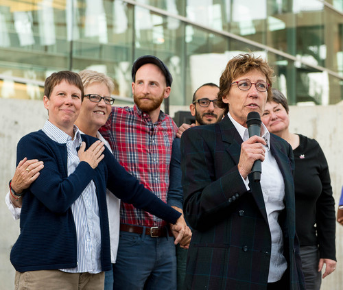 Trent Nelson  |  The Salt Lake Tribune
Attorney Peggy Tomsic speaks in front of plaintiffs Kody Partridge, Laurie Wood, Derek Kitchen, Moudi Sbeity and Kate Call at a rally to celebrate today's legalization of same-sex marriage, Monday October 6, 2014 in Salt Lake City.